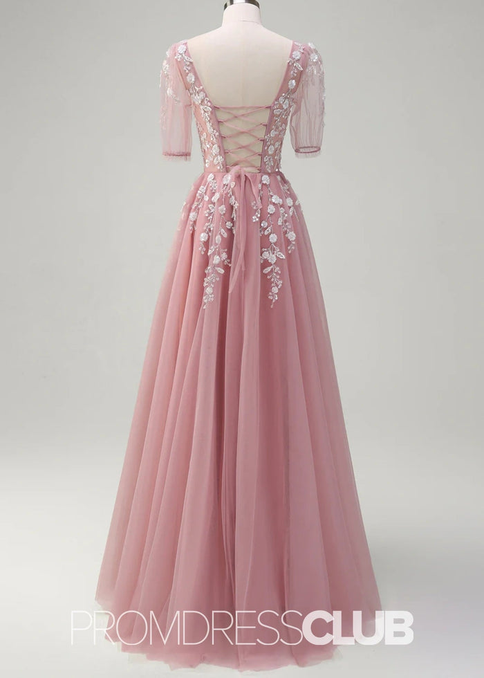 Juliet | Sparkly Blush Short Sleeves Tulle Long Prom Dress - Price #price_variant_lowest# - Blush - PromDressClub