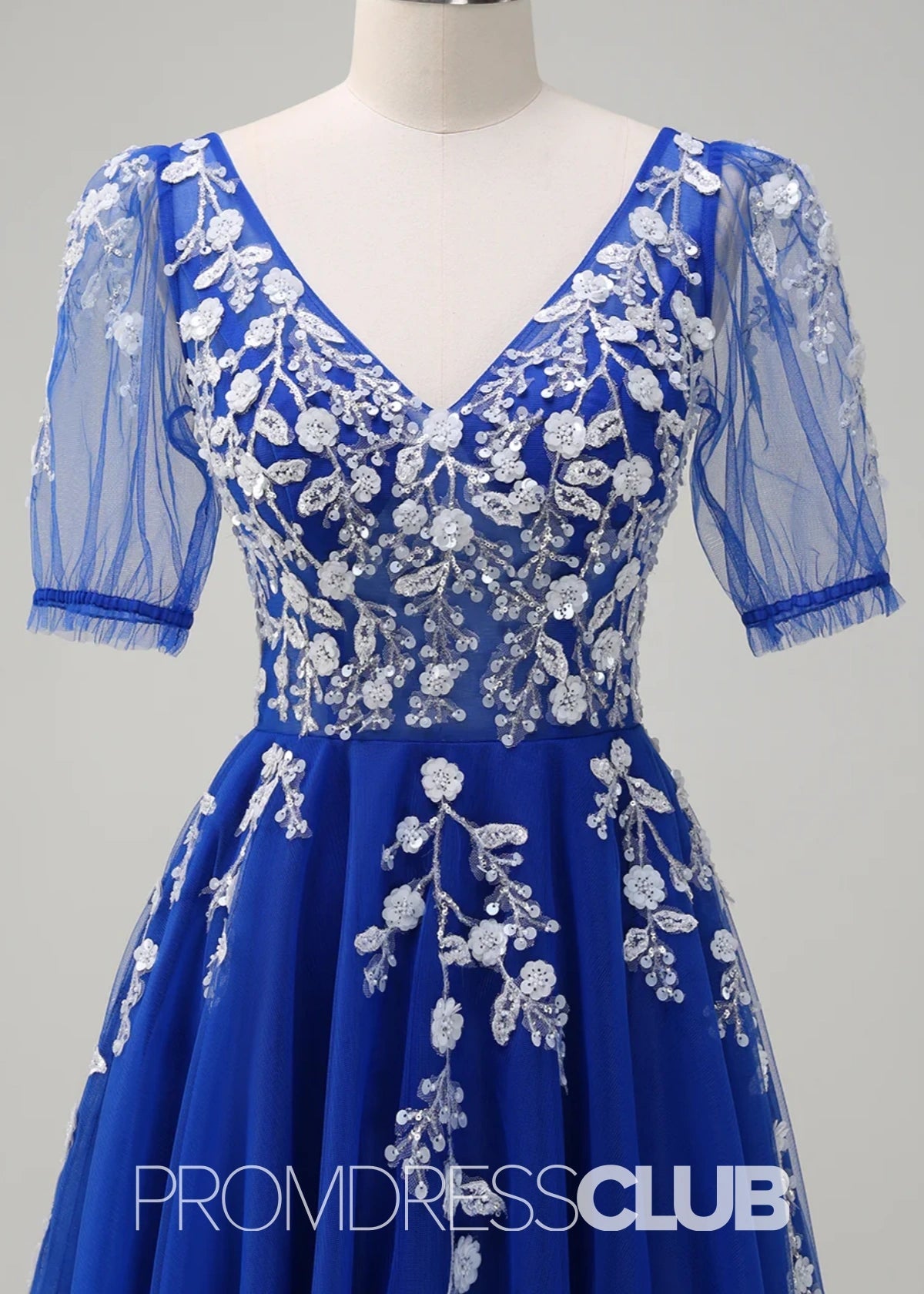 Juliet | Sparkly Blush Short Sleeves Tulle Long Prom Dress - Price #price_variant_lowest# - Royal Blue - PromDressClub