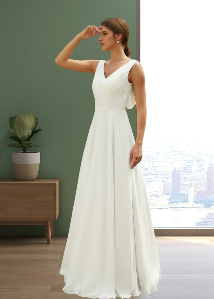 June | Elegant A Line V Neck Chiffon Ruched Lace Back Wedding Dress with Floor Length from PDC - White - PromDressClub