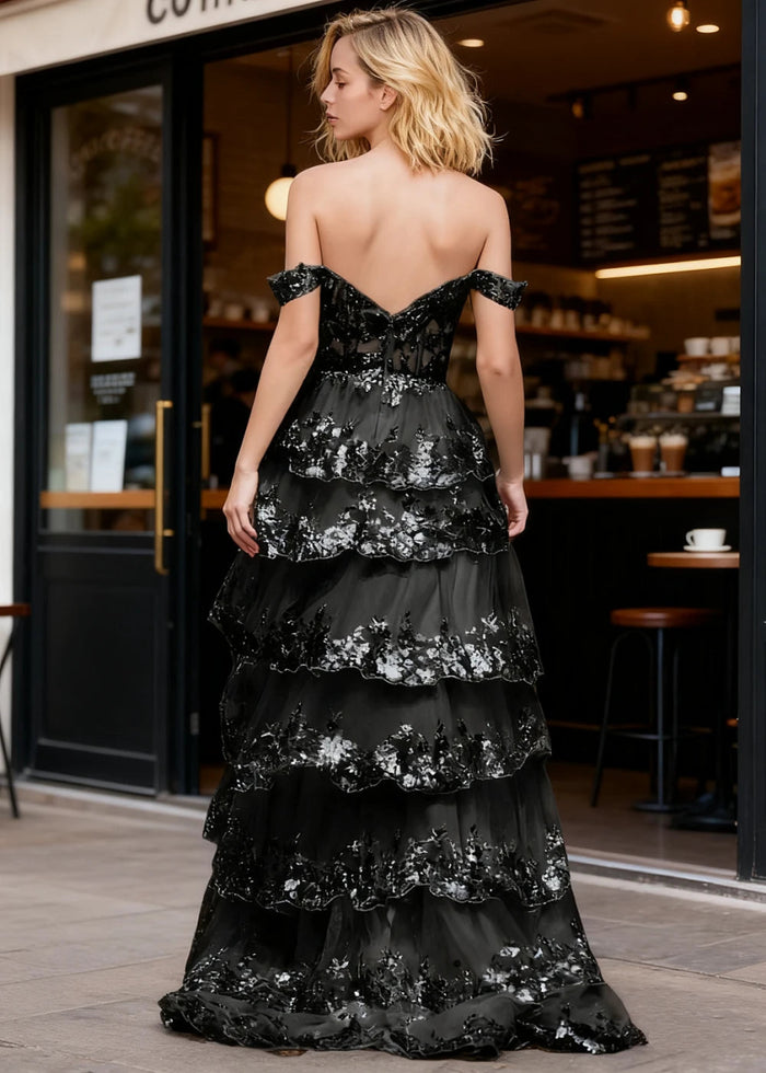 Kaleido Black Sequins Ruffle Prom Dress | A - Line Off the Shoulder Sweetheart Neckline Tiered Dress with Slit - US0 - PromDressClub