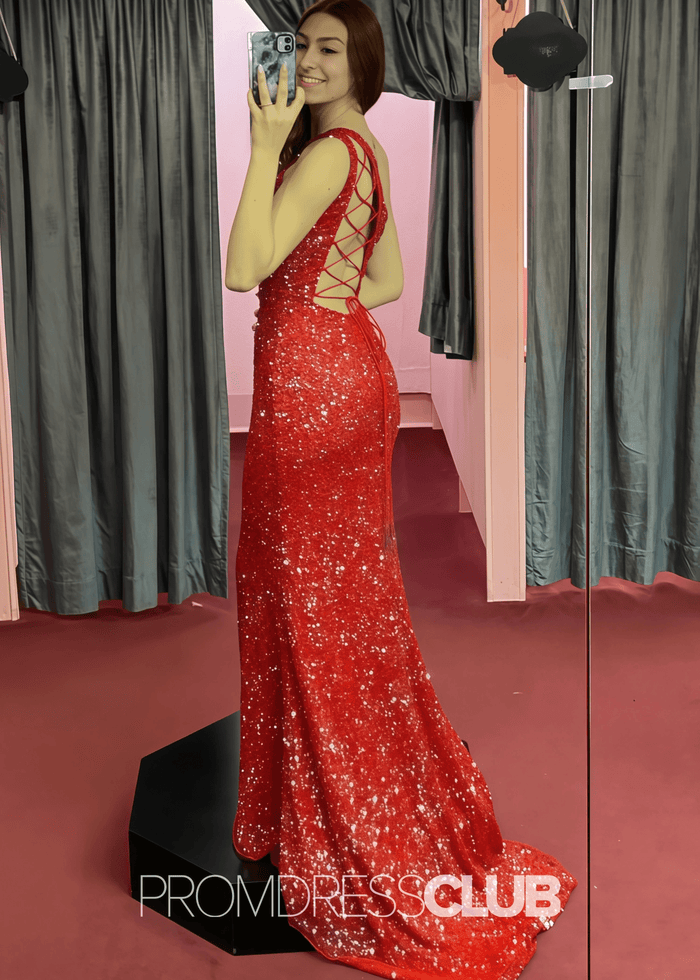 Kama |Long Red Prom Dresses Near Me With Sparkle Sequins Mermaid One Shoulder Slit - Price #price_variant_lowest# - Red - PromDressClub