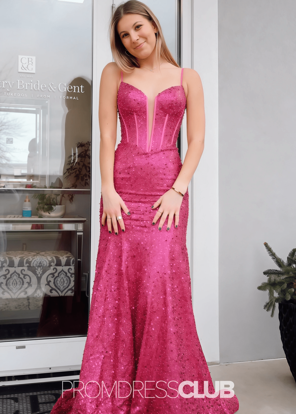 Karen | Mermaid V Neck Light Pink Sequin Long Prom Dress - Price #price_variant_lowest# - Fuchsia - PromDressClub