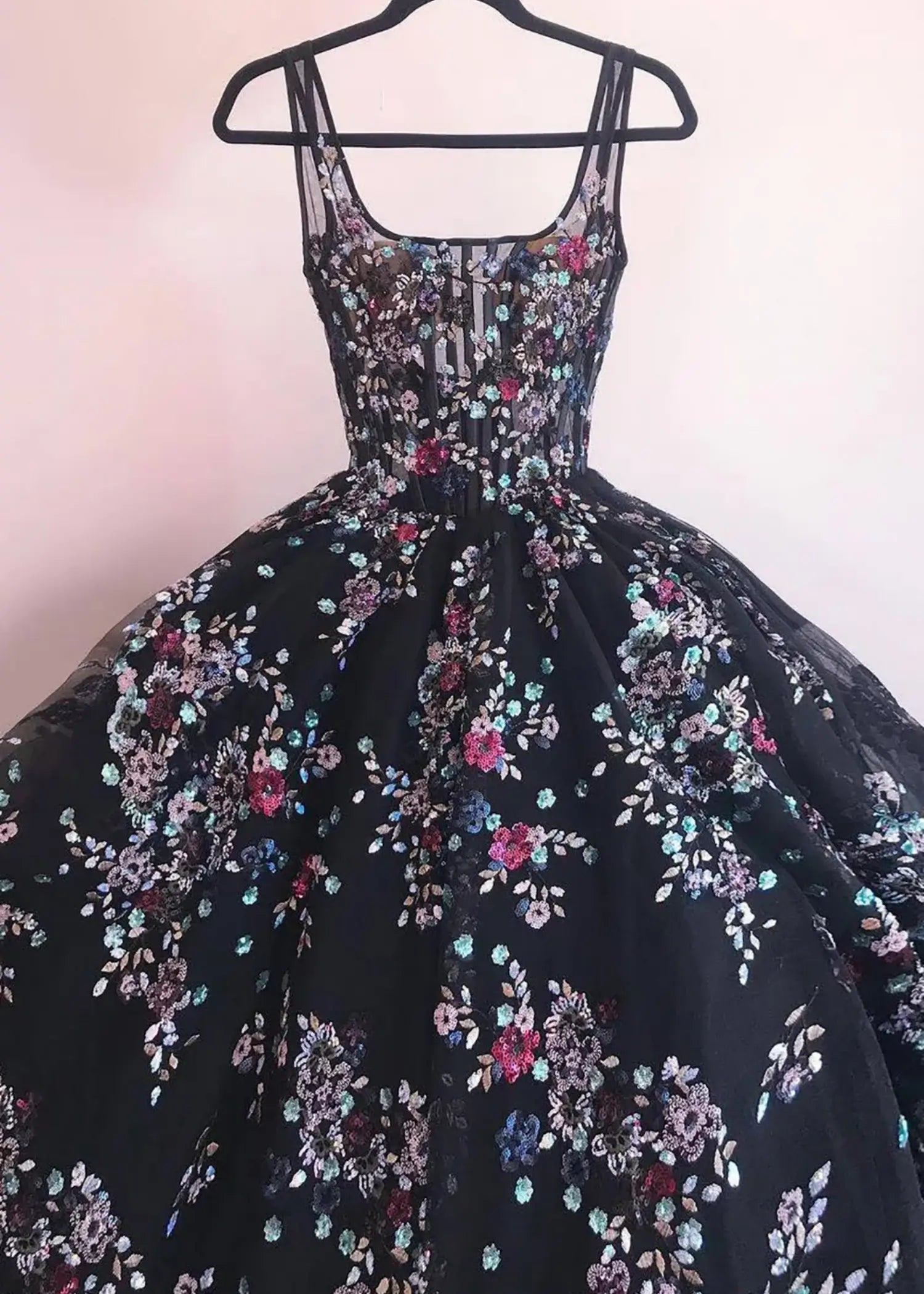 Kate | Ball Gown/Princess Blush Floral 3D Flower Square Neckline Prom Dress - Black Floral - PromDressClub