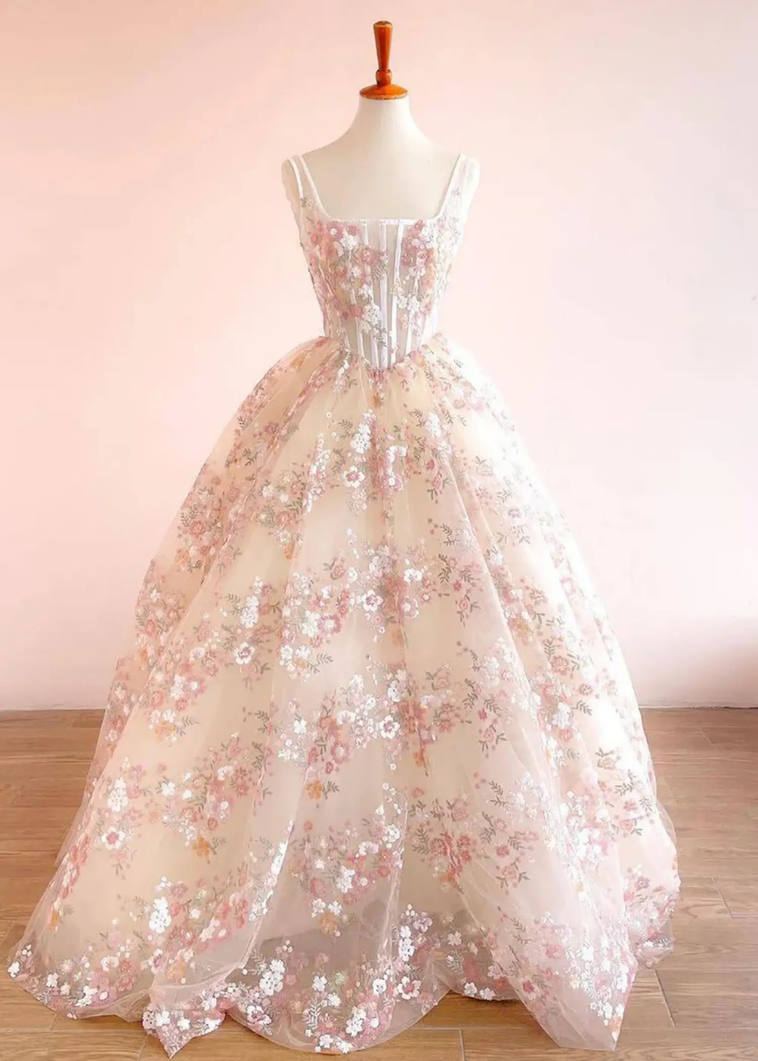 Kate | Ball Gown/Princess Blush Floral 3D Flower Square Neckline Prom Dress - Champagne Floral - PromDressClub