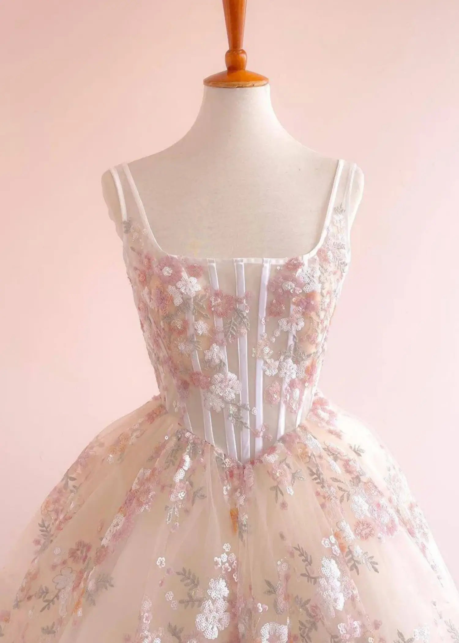 Kate | Ball Gown/Princess Blush Floral 3D Flower Square Neckline Prom Dress - Champagne Floral - PromDressClub