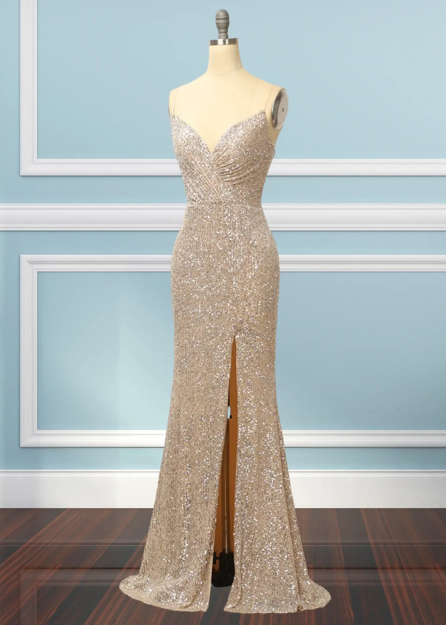 Kate | Strapless Champagne Sequin Mermaid Prom Dress Split - Champagne - PromDressClub