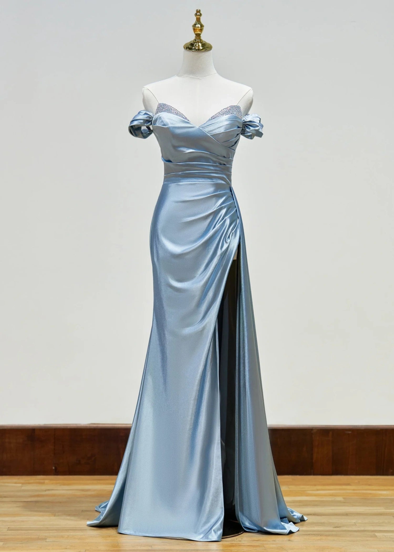 Katherine | Blue Prom Dresses Long Mermaid Satin Off the Shoulder with Slit - Dusty Blue - PromDressClub