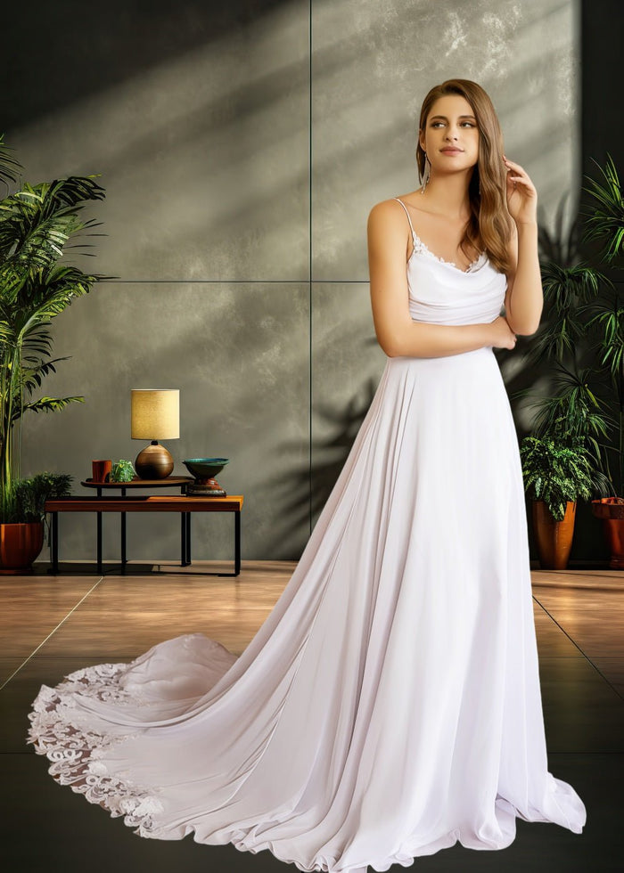 Kelly | A Line/Princess Sleeveless Spaghetti Strap Chiffon Wedding Dress with Lace Chapel Train - White - PromDressClub