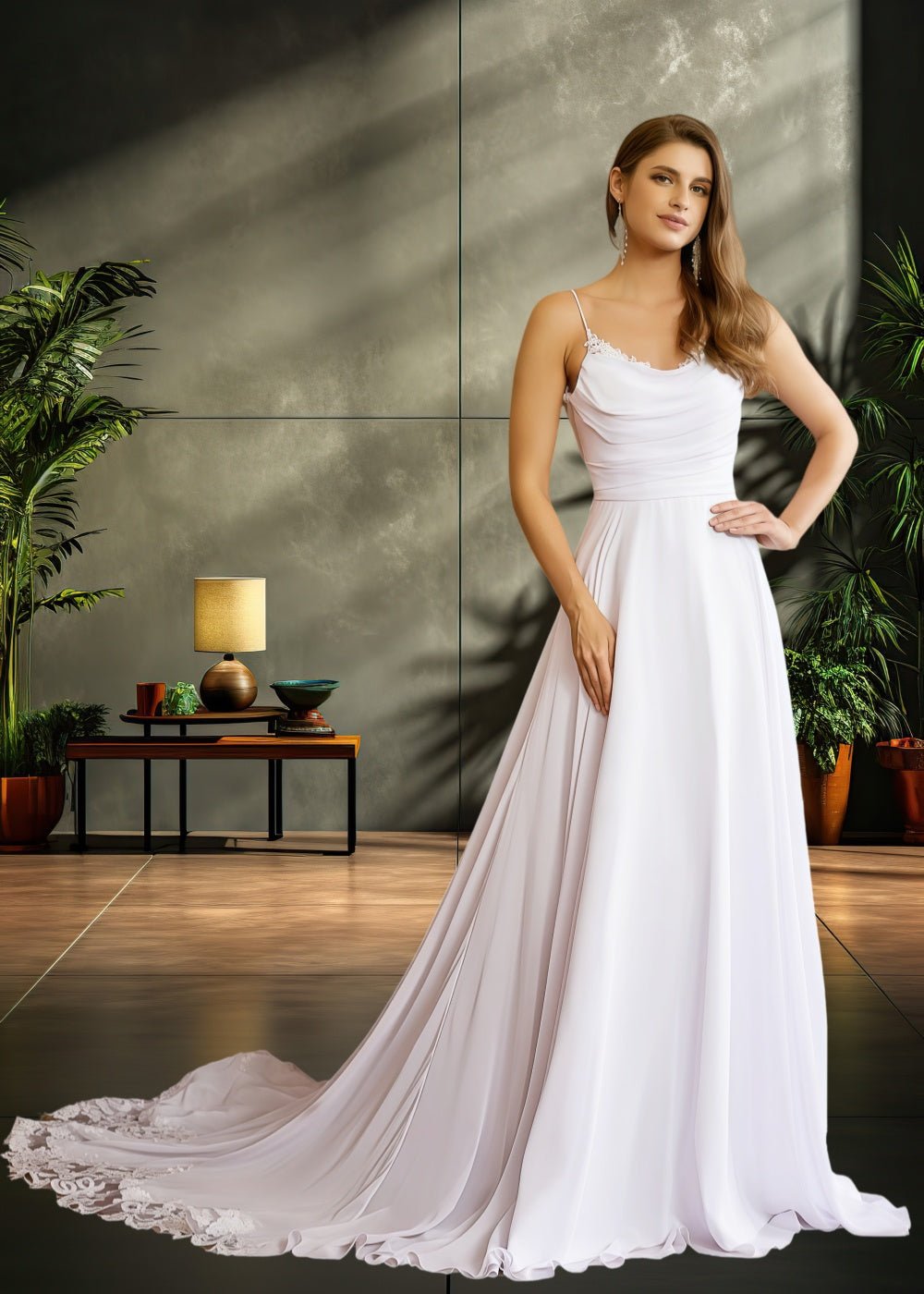 Kelly | A Line/Princess Sleeveless Spaghetti Strap Chiffon Wedding Dress with Lace Chapel Train - White - PromDressClub