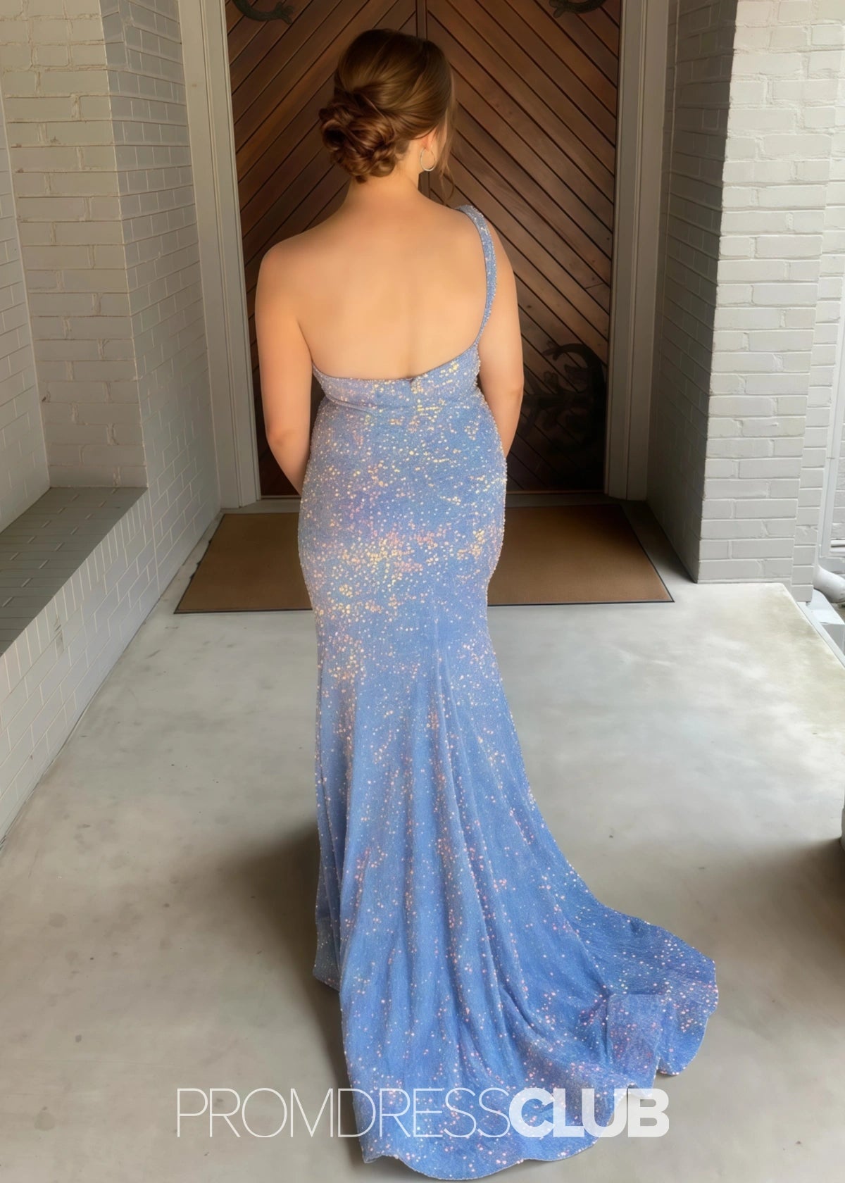 Kelly | Mermaid One Shoulder Light Blue Sequin Long Prom Dress with Slit - Price #price_variant_lowest# - Light Blue - PromDressClub
