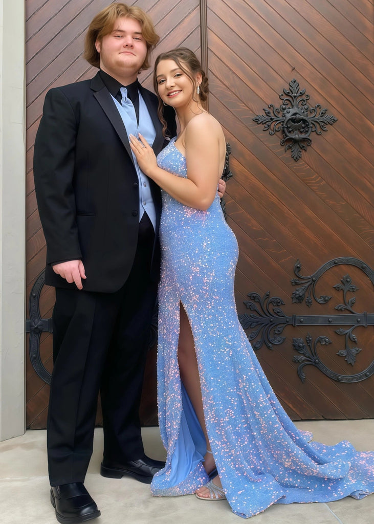Kelly | Mermaid One Shoulder Light Blue Sequin Long Prom Dress with Slit