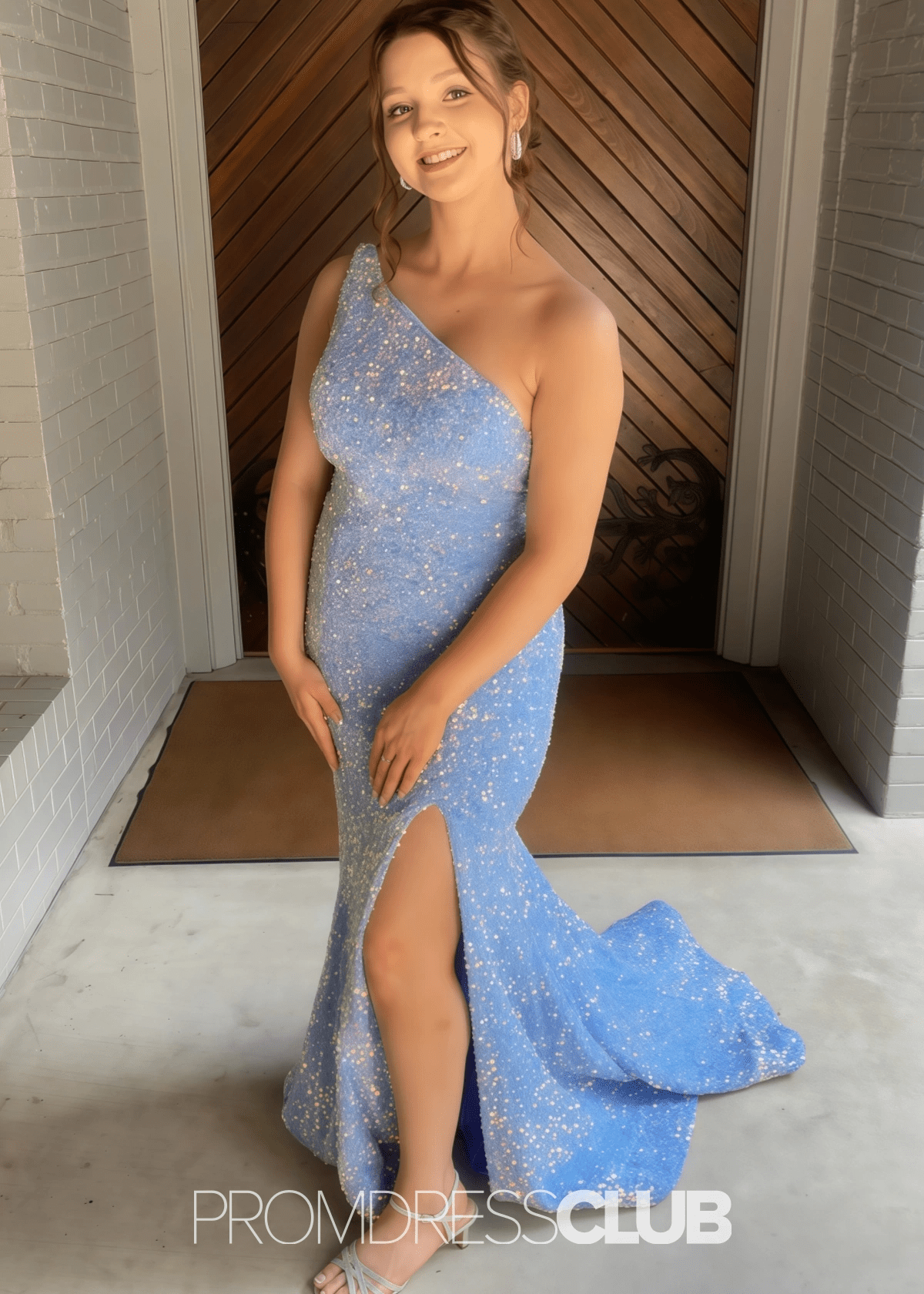 Kelly | Mermaid One Shoulder Light Blue Sequin Long Prom Dress with Slit - Price #price_variant_lowest# - Light Blue - PromDressClub