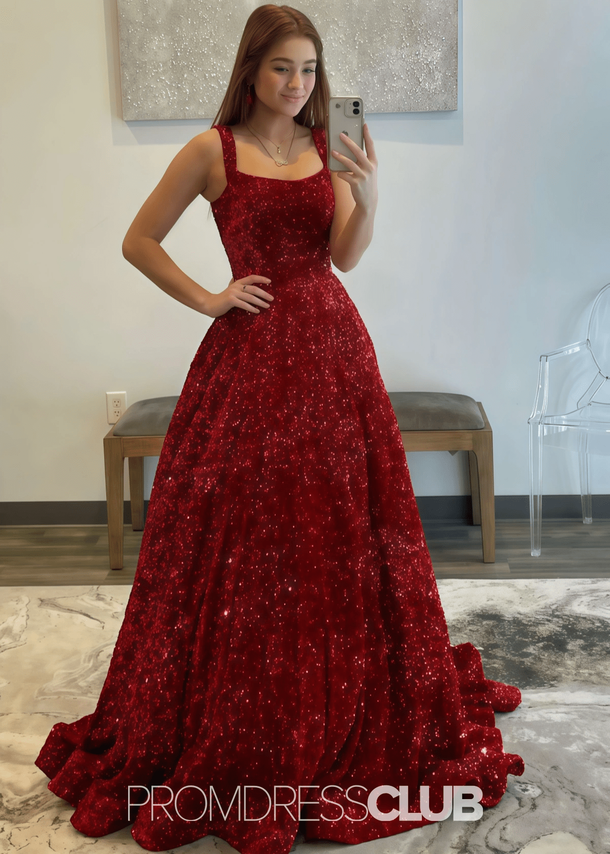 Kitty | A - line Sparkly Dark Red Long Prom Dress - Price #price_variant_lowest# - Dark Red - PromDressClub