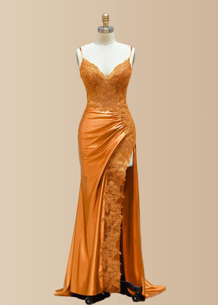 Kristin | Black Prom Dresses Long Mermaid V Neck Lace with High Slit - Orange - PromDressClub