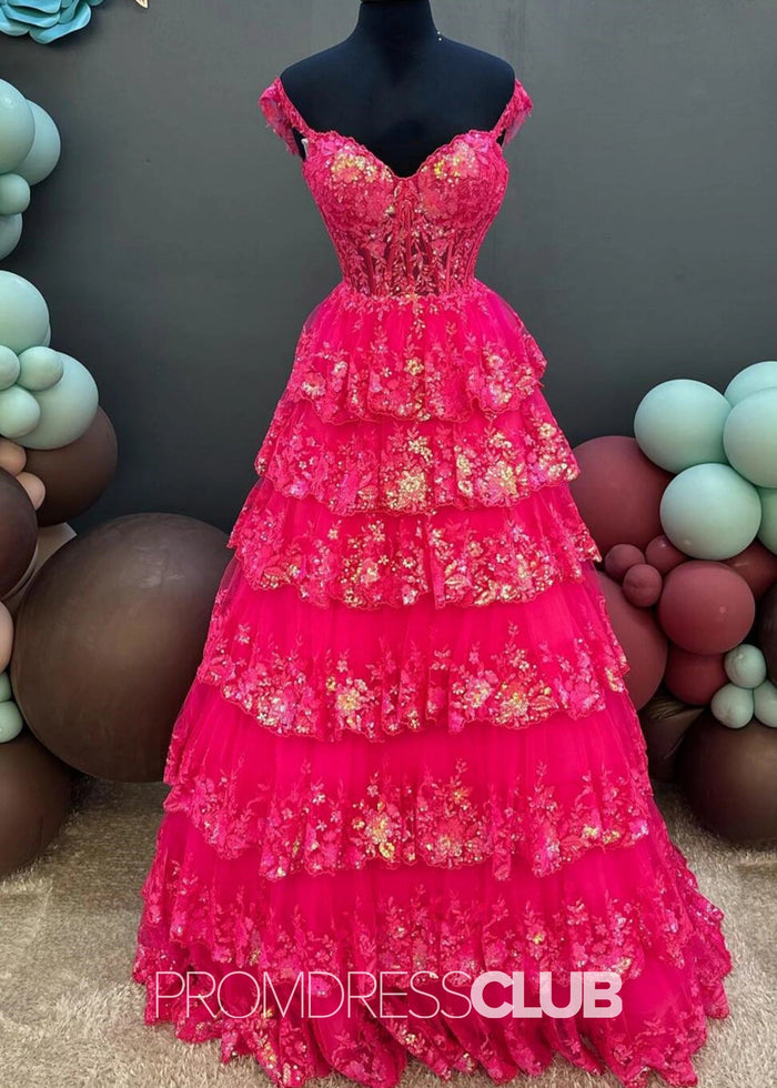 Kristin |Long Fuchsia Prom Dresses Near Me With A Line Off The Shoulder Sequin Tiered Ruffle - Price #price_variant_lowest# - Fuchsia - PromDressClub