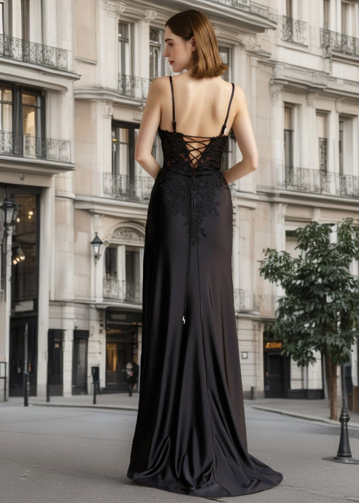 Kristin | Black Prom Dresses Long Mermaid V Neck Lace with High Slit - Black - PromDressClub