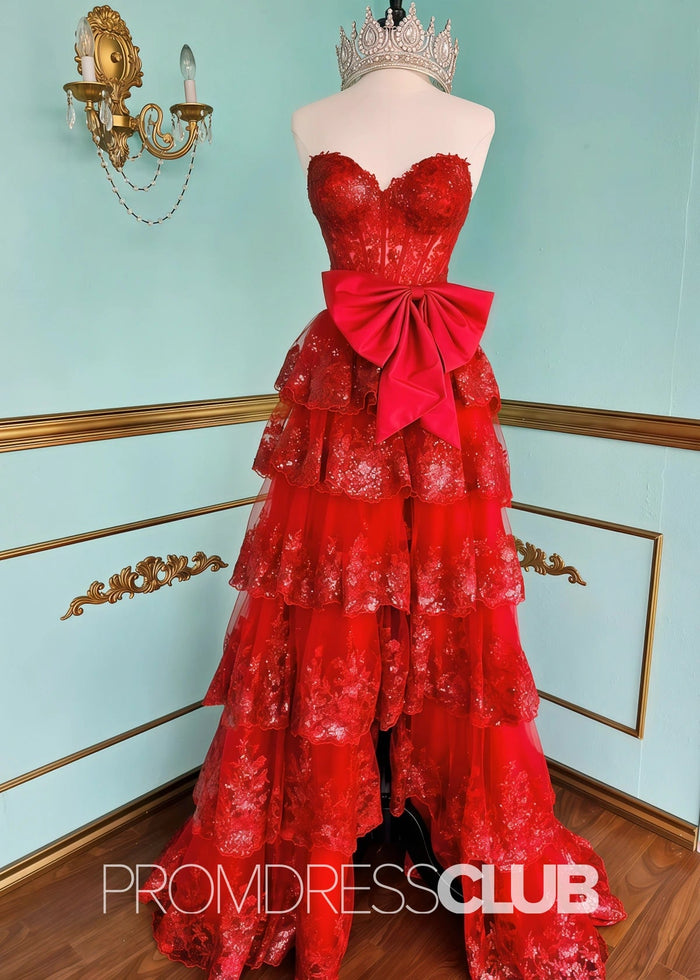 Hazel | Lace Appliques Ruffle Black Prom Dresses - Red - PromDressClub