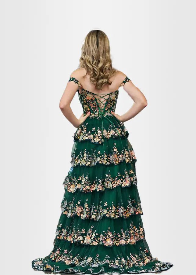 Lydia | A Pink Prom Dress Long A Line Princess Off the Shoulder Lace Ruffles With Corset - Dark Green - PromDressClub