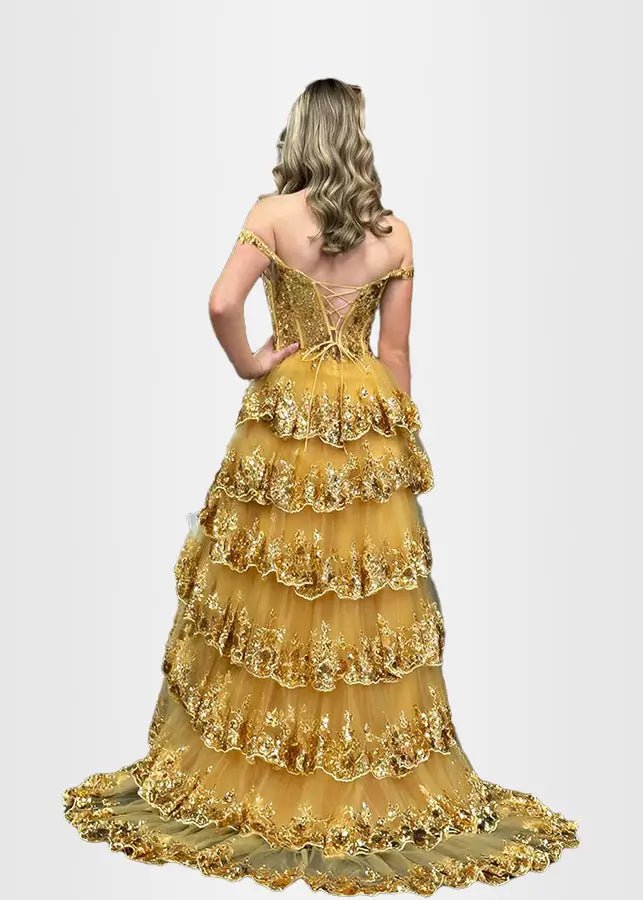 Lydia | A Pink Prom Dress Long A Line Princess Off the Shoulder Lace Ruffles With Corset - Gold - PromDressClub