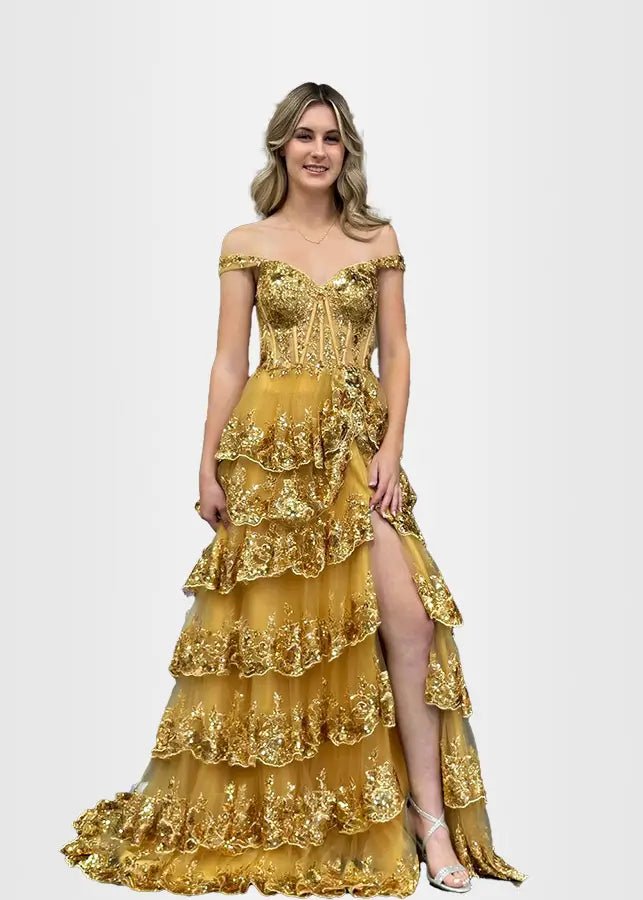 Lydia | A Pink Prom Dress Long A Line Princess Off the Shoulder Lace Ruffles With Corset - Gold - PromDressClub