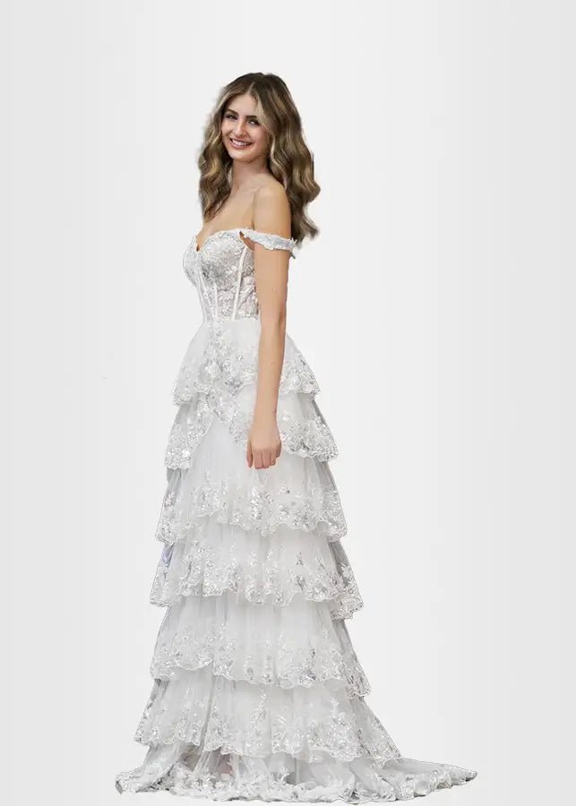 Lydia | A Pink Prom Dress Long A Line Princess Off the Shoulder Lace Ruffles With Corset - White - PromDressClub