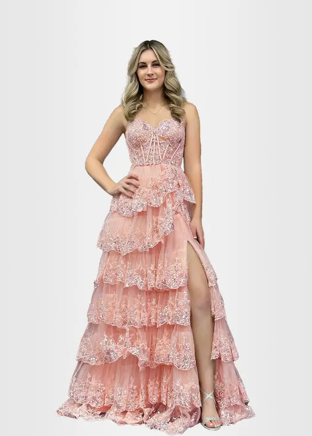 Lydia | A Pink Prom Dress Long A Line Princess Off the Shoulder Lace Ruffles With Corset - Pink - PromDressClub