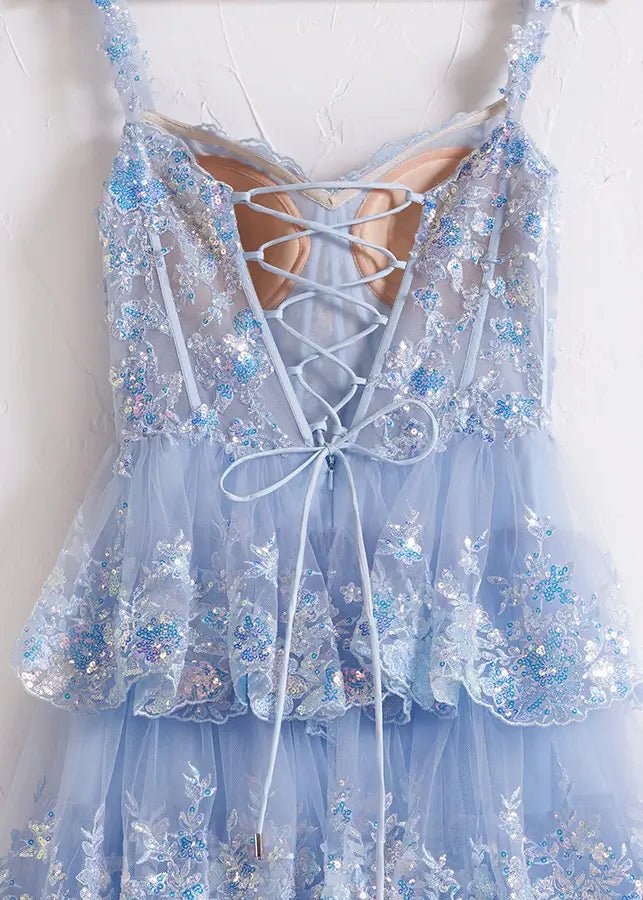 Lydia | A Pink Prom Dress Long A Line Princess Off the Shoulder Lace Ruffles With Corset - Light Blue - PromDressClub