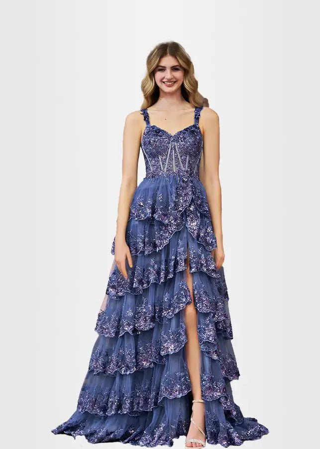 Lydia | A Pink Prom Dress Long A Line Princess Off the Shoulder Lace Ruffles With Corset - Navy Blue - PromDressClub