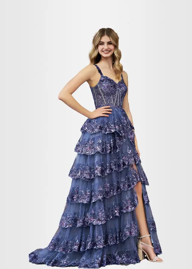Lydia | A Pink Prom Dress Long A Line Princess Off the Shoulder Lace Ruffles With Corset - Navy Blue - PromDressClub