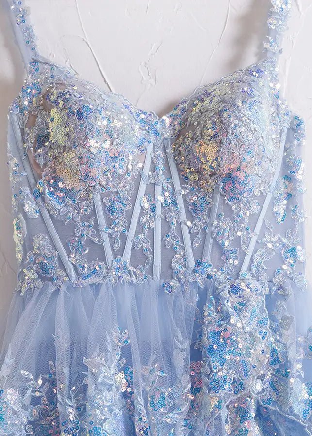 Lydia | A Pink Prom Dress Long A Line Princess Off the Shoulder Lace Ruffles With Corset - Light Blue - PromDressClub