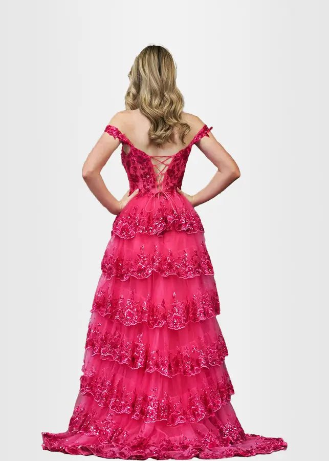 Lydia | A Pink Prom Dress Long A Line Princess Off the Shoulder Lace Ruffles With Corset - Fuchsia - PromDressClub