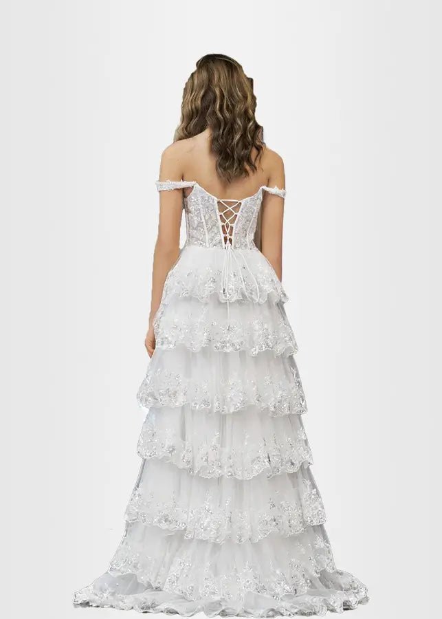 Lydia | A Pink Prom Dress Long A Line Princess Off the Shoulder Lace Ruffles With Corset - White - PromDressClub