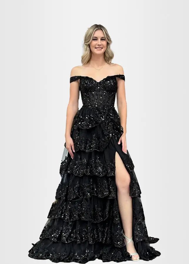 Lydia | A Pink Prom Dress Long A Line Princess Off the Shoulder Lace Ruffles With Corset - Black - PromDressClub