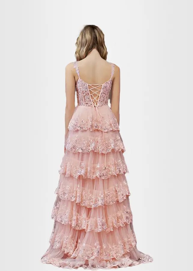 Lydia | A Pink Prom Dress Long A Line Princess Off the Shoulder Lace Ruffles With Corset - Pink - PromDressClub