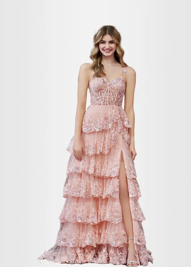 Lydia | A Pink Prom Dress Long A Line Princess Off the Shoulder Lace Ruffles With Corset - Pink - PromDressClub
