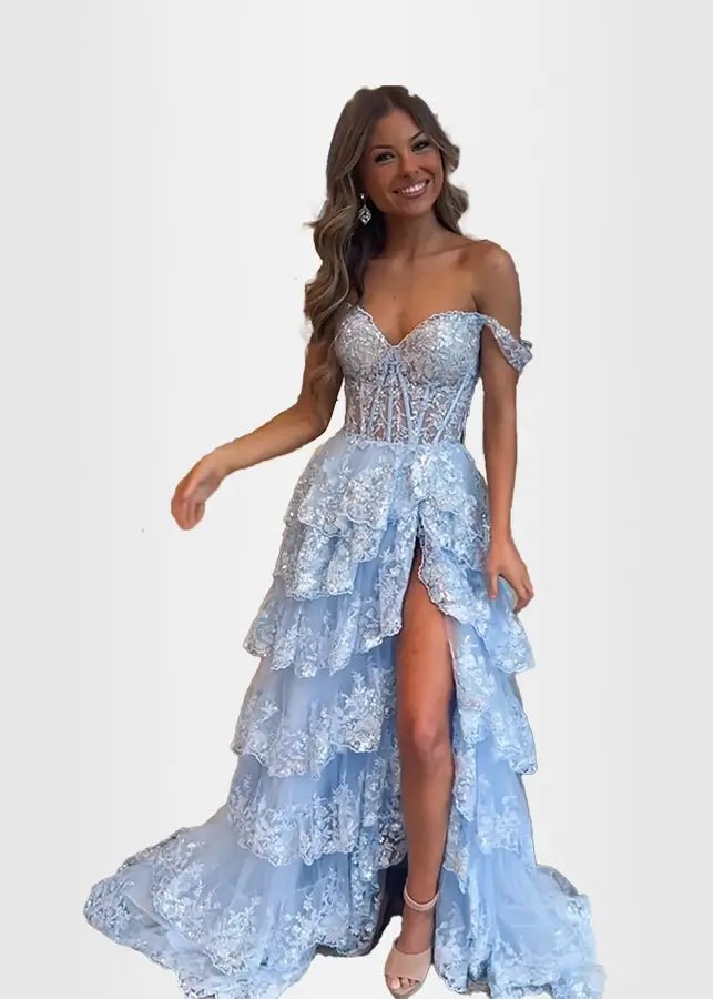 Lydia | A Pink Prom Dress Long A Line Princess Off the Shoulder Lace Ruffles With Corset - Light Blue - PromDressClub