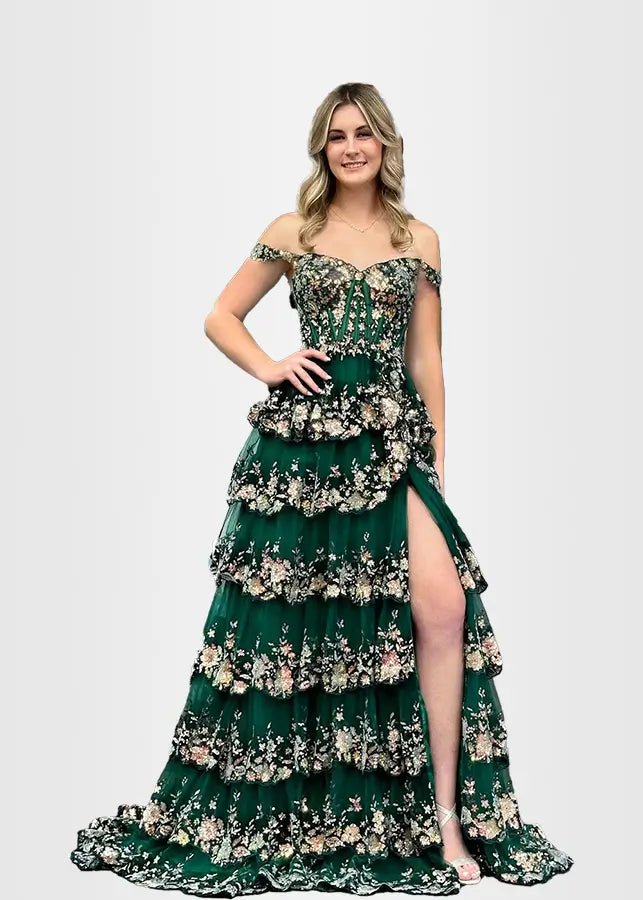 Lydia | A Pink Prom Dress Long A Line Princess Off the Shoulder Lace Ruffles With Corset - Dark Green - PromDressClub