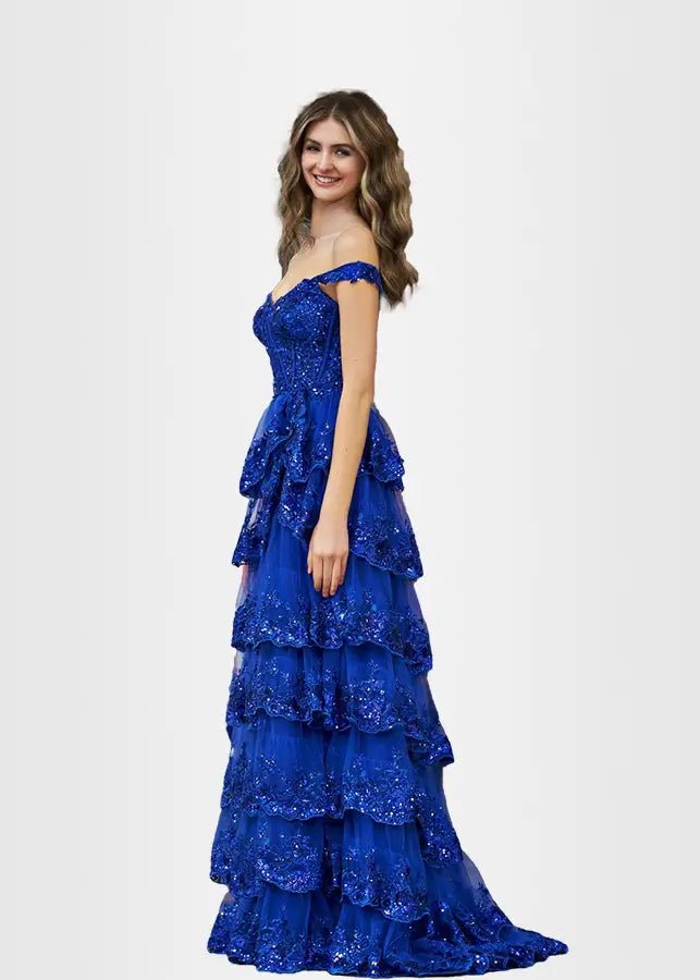 Lydia | A Pink Prom Dress Long A Line Princess Off the Shoulder Lace Ruffles With Corset - Royal Blue - PromDressClub