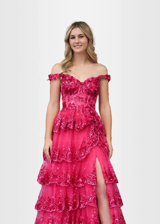 Lydia | A Pink Prom Dress Long A Line Princess Off the Shoulder Lace Ruffles With Corset - Fuchsia - PromDressClub