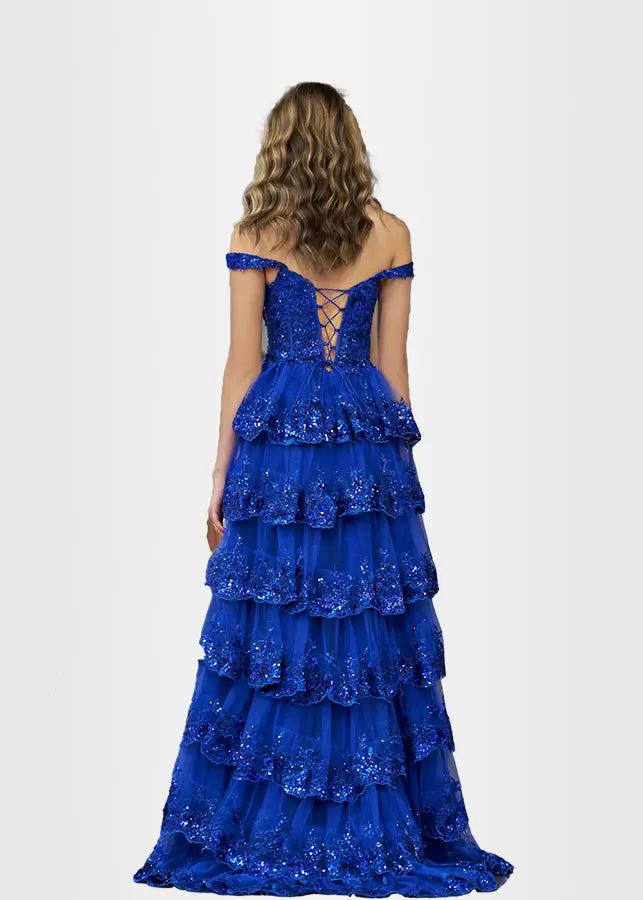 Lydia | A Pink Prom Dress Long A Line Princess Off the Shoulder Lace Ruffles With Corset - Royal Blue - PromDressClub