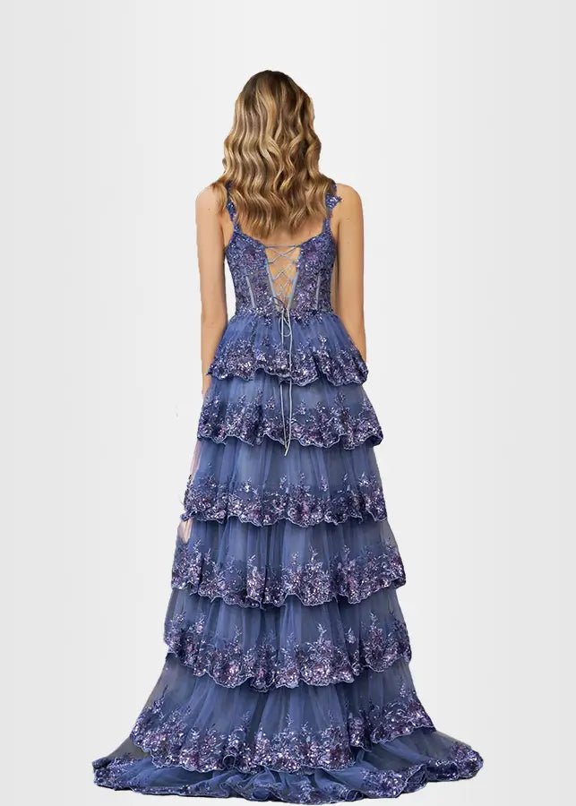 Lydia | A Pink Prom Dress Long A Line Princess Off the Shoulder Lace Ruffles With Corset - Navy Blue - PromDressClub