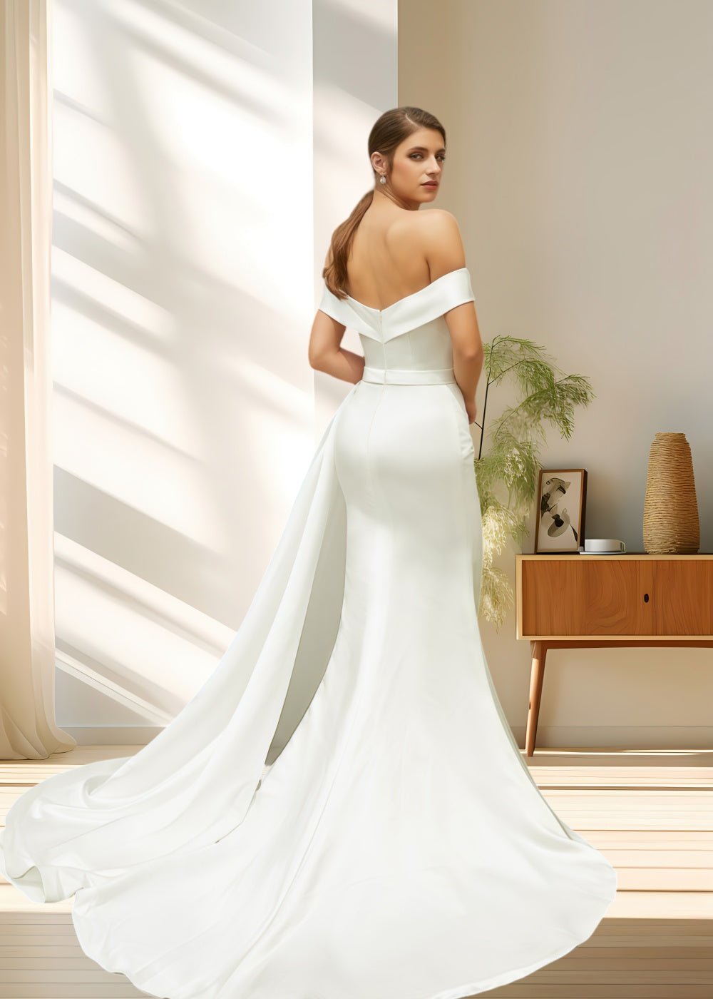 Laura | Elegant Off the Shoulder Mermaid Satin Ruched Wedding Dress with Train - Ivory - PromDressClub
