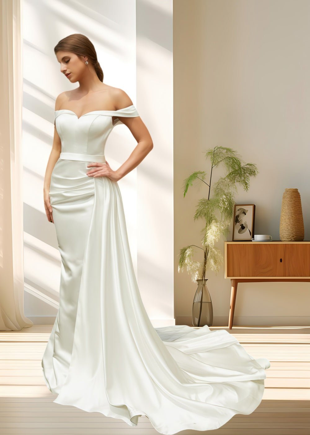 Laura | Elegant Off the Shoulder Mermaid Satin Ruched Wedding Dress with Train - Ivory - PromDressClub