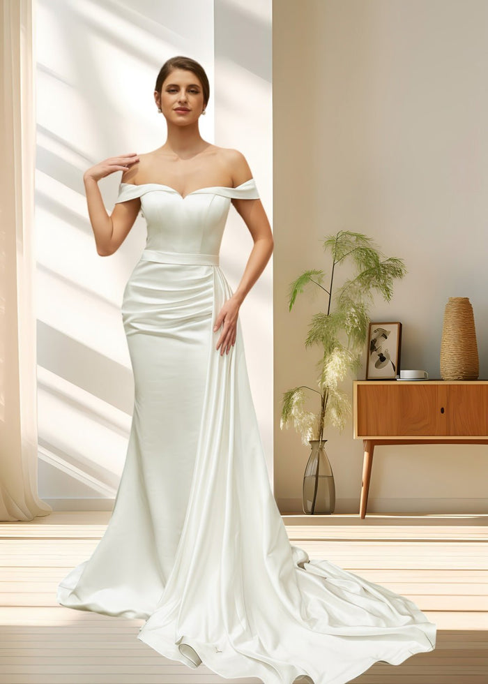 Laura | Elegant Off the Shoulder Mermaid Satin Ruched Wedding Dress with Train - Ivory - PromDressClub
