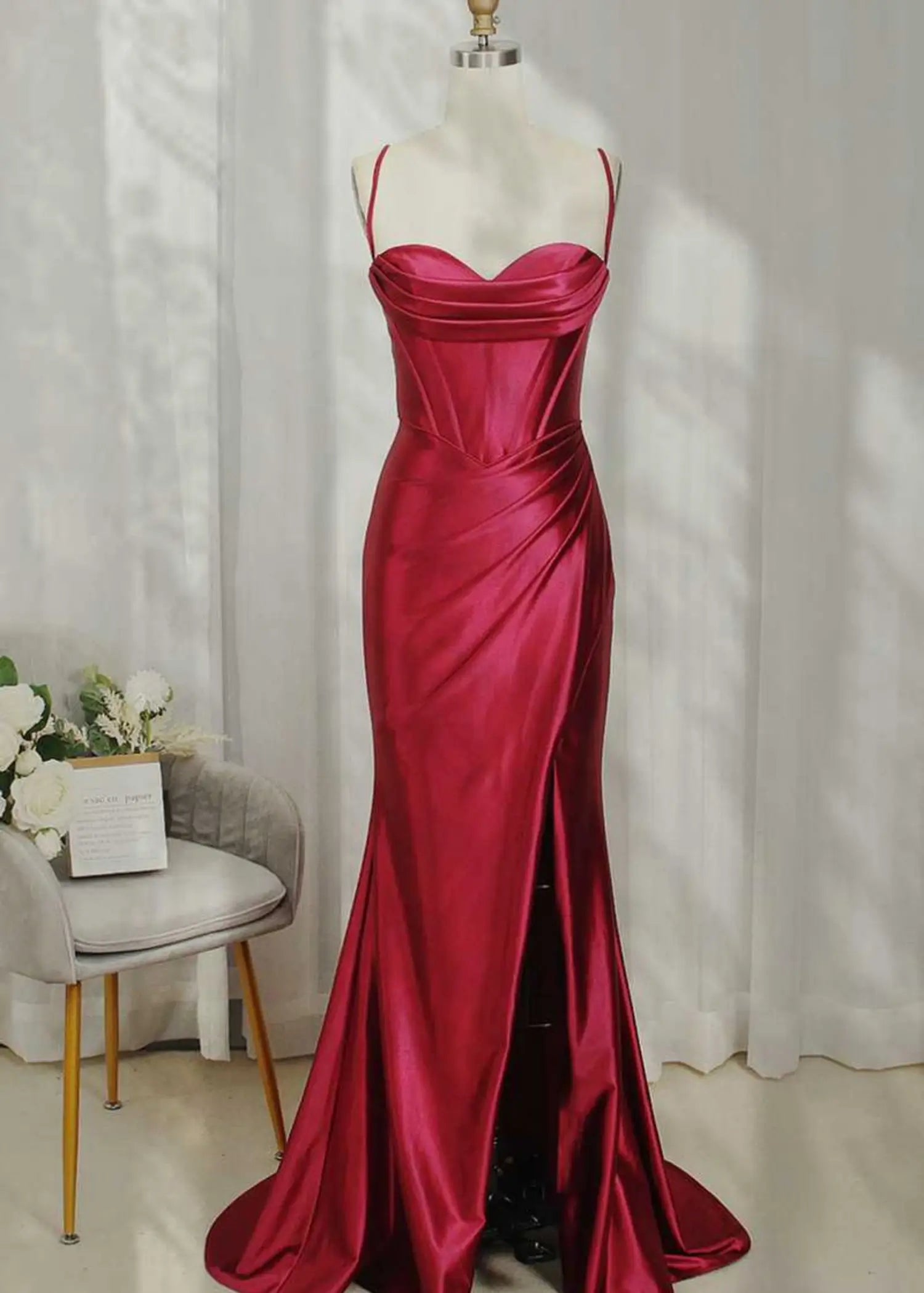 Laura | Mermaid Spaghetti Strap Fuchsia Satin Open Back Prom Dresses with Slit - Burgundy - PromDressClub
