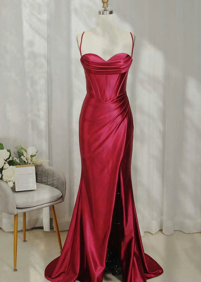 Laura | Mermaid Spaghetti Strap Fuchsia Satin Open Back Prom Dresses with Slit - Burgundy - PromDressClub