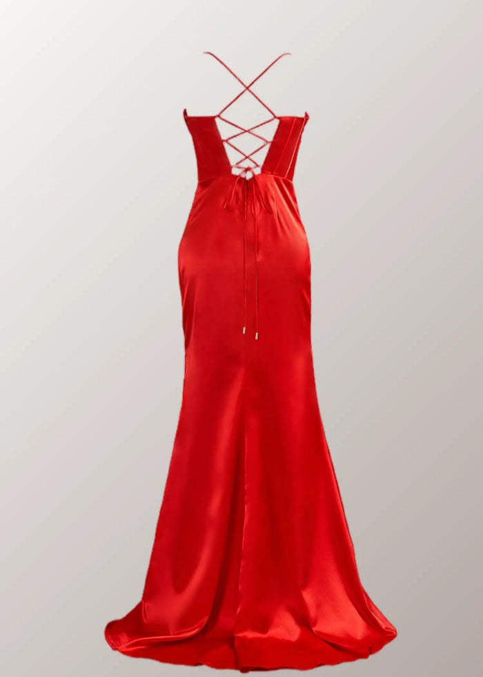 Laura | Mermaid Spaghetti Strap Fuchsia Satin Open Back Prom Dresses with Slit - Red - PromDressClub