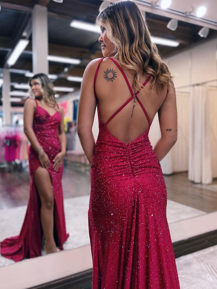 Laura | Mermaid V Neck Sequin Dark Red Prom Dress Open Bust Gown with Slit - Dark Red - PromDressClub