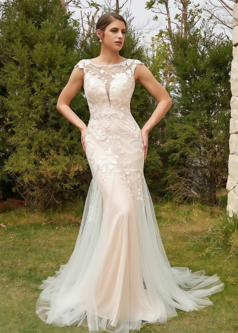 Laurel | Exquisite Mermaid High Neck Lace Backless Wedding Dress with Tulle Train - Ivory - PromDressClub