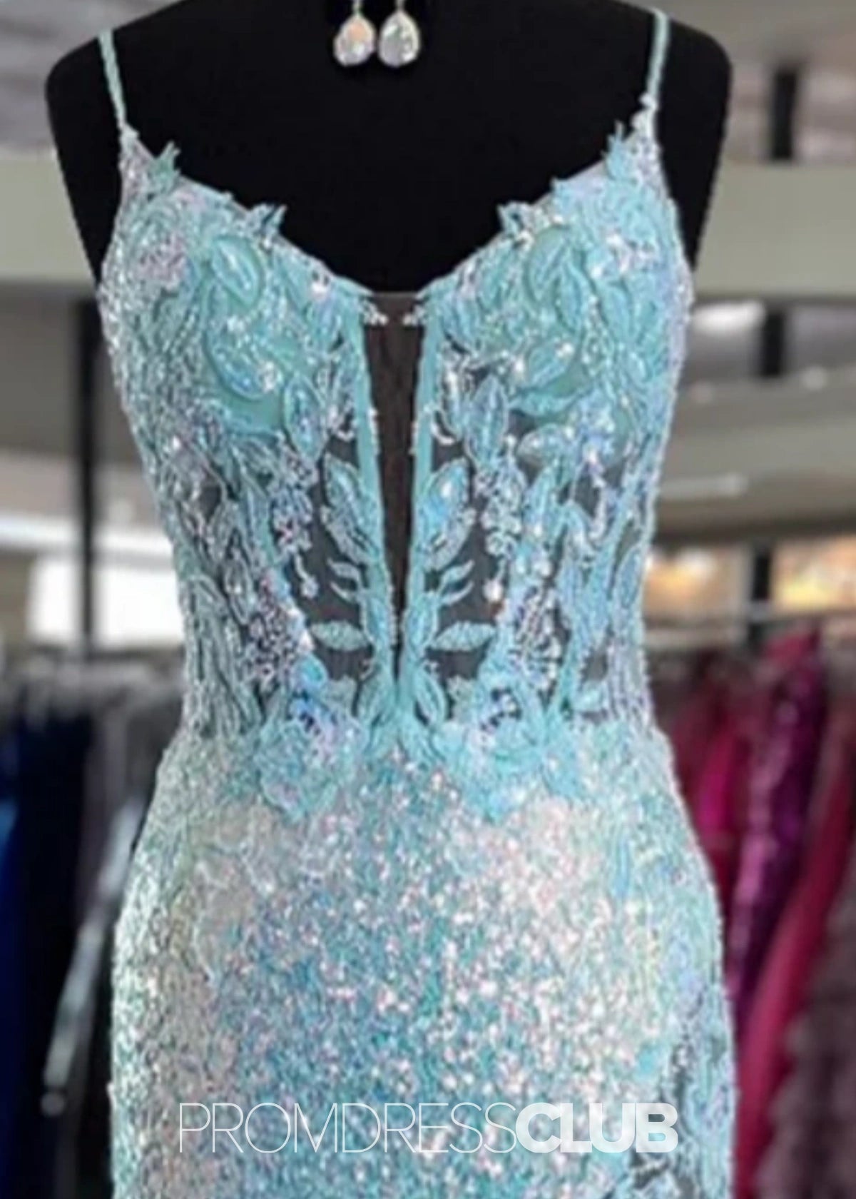 Laurel | Mermaid Sparkly Spaghetti Straps Aqua Sequin Long Prom Dress - Price #price_variant_lowest# - Aqua - PromDressClub